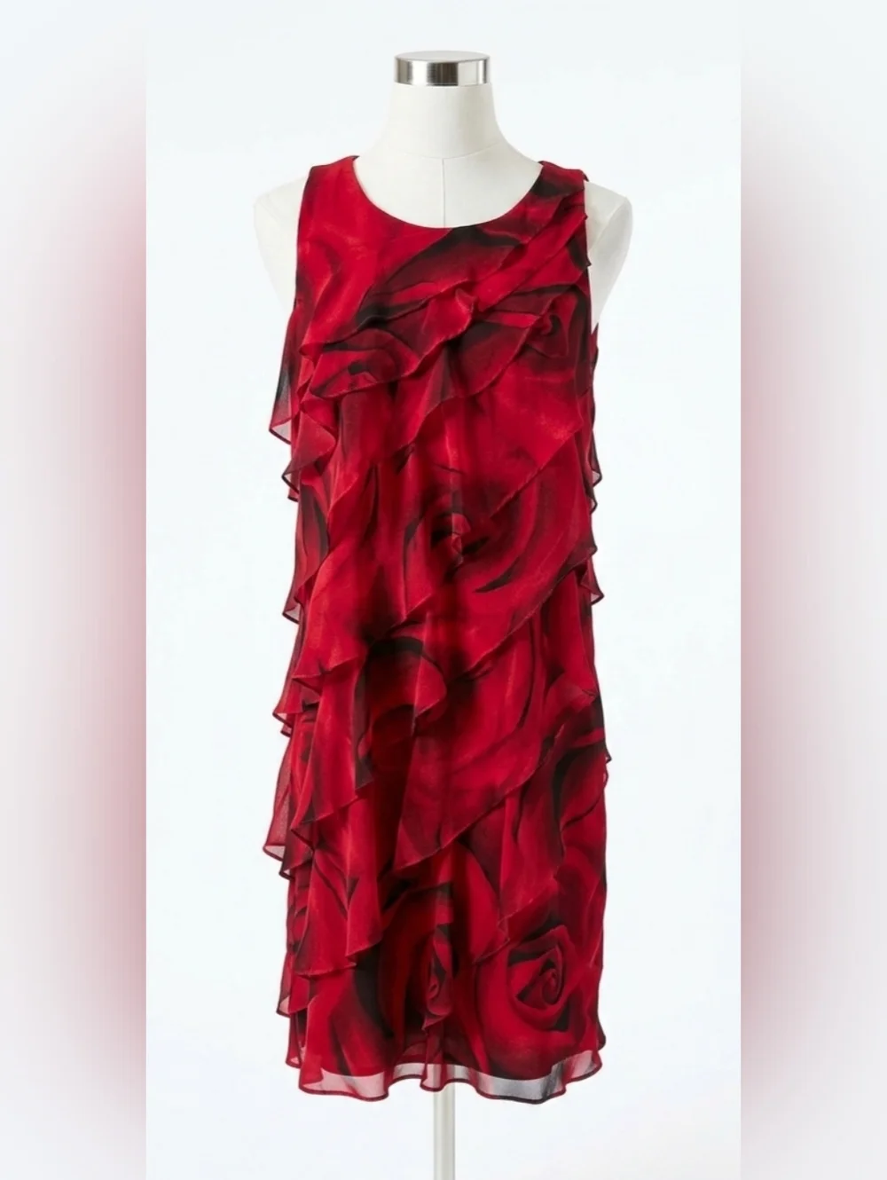 White House Black Market Red & Black Ruffle Midi Dress Size M - Picture 2 of 12